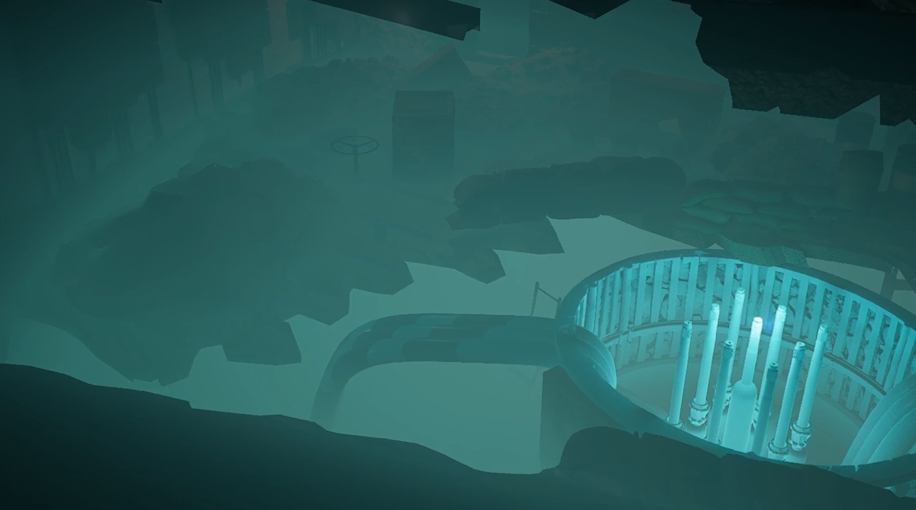 Still 01 interior in collapse, fractured beams and blue radiation glow